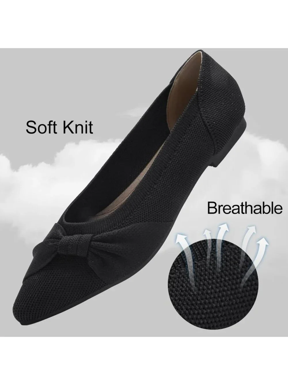 Women's Black Mesh Comfortable Ballet Flats Pointed Toe Lightweight Casual Shoes